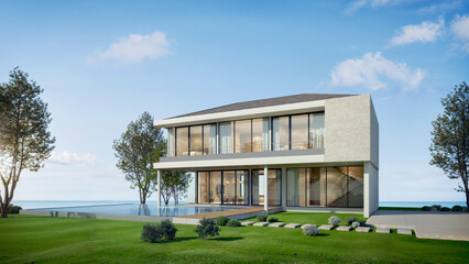 Wall Mural - Modern house with pool and sea view.3d rendering