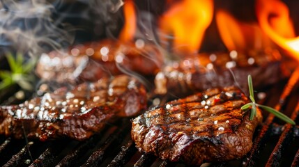 Grilled steaks with flames and herbs, close-up view. Barbecue cooking and summer food concept