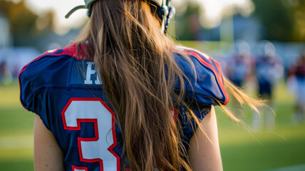 Wall Mural - Closeup picture at waist level of high school aged girl in flag football uniform standing on field