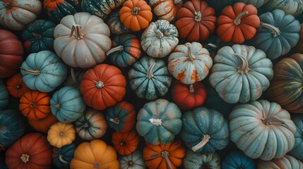 Colorful vegetable background. Horizontal wallpaper full of pumpkins. Local product harvest season