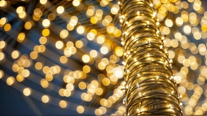 Wall Mural - Golden Bokeh Lights with Twinkling String Lights Wrapped Around a Tree Trunk. Abstract Background, Festive Decor, Nighttime Ambiance.