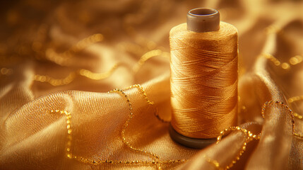 A gold colored spool of thread is sitting on a gold colored fabric. The spool is the main focus of the image, and the gold color of both the spool and the fabric creates a sense of luxury and elegance