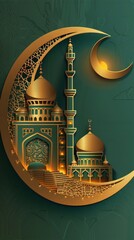 Canvas Print - Background of Mosque. Golden Metalic Illustration of Mosque and Moon. 3D Background with Copy Space 