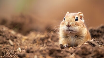 Baby gopher in soil with space for text on blurry brown backdrop