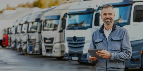 Smiling professional white man driver holding tablet computer standing in front of logistics trucks, managing deliveries, modern transportation industry, daytime.