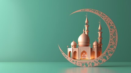 Canvas Print - Background of Mosque. Golden Metalic Illustration of Mosque and Moon. 3D Background with Copy Space 