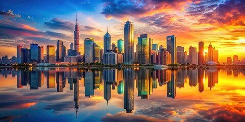 A realistic AI-generated image of a bustling city skyline at sunset with vibrant colors and reflections on the water , city, skyline, sunset, buildings, urban, architecture