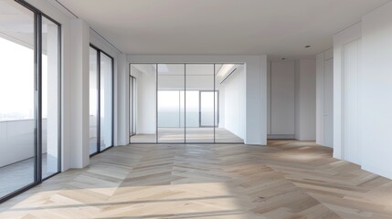 Poster - Modern apartment with white walls empty room with glass window and wooden parquet floor