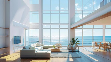 modern loft with natural light coming through the windows and an ocean view