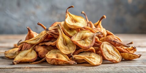 Pile of dried pears on background , food, fruit, snack, healthy, organic, vegetarian, natural, dehydrated, vegan, colorful, dry, slices, nutrition, sweet, dessert, harvest, autumn, farm