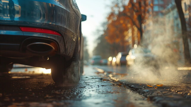A close-up of a car's tailpipe emitting a thick plume of exhaust gases, showcasing the contribution of vehicular emissions to urban air pollution. Air pollution bad ecology