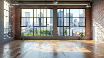 Wall Mural - modern loft with natural light coming through the windows and a cityscape view