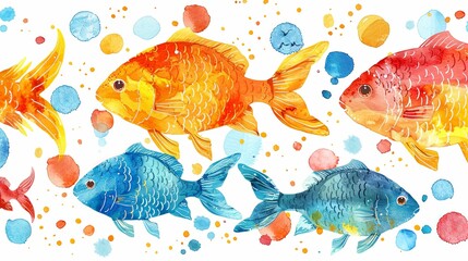 Wall Mural - A vibrant fish swims in an underwater scene peppered with colorful watercolor dots, capturing the essence of marine life through an artistic lens.