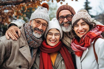 Wall Mural - Group of senior friends having fun in the park on a cold winter day.