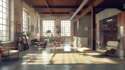 modern loft with natural light coming through the windows and a cityscape view