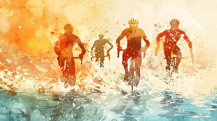 Wall Mural - Artistic Watercolor Representation of Triathlon Stages: Swimming, Cycling, and Running Combined
