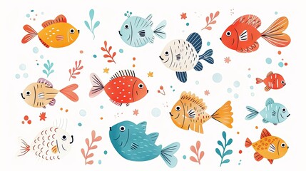 Wall Mural - An illustration of a variety of vibrant fish swimming freely amidst aquatic plants and bubbles, showcasing a lively underwater ecosystem full of color, diversity, and life.