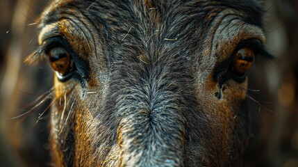 Close-up of the striking eyes and detailed facial features of a wild animal with dark fur, showcasing intricate textures and natural beauty in a wildlife setting