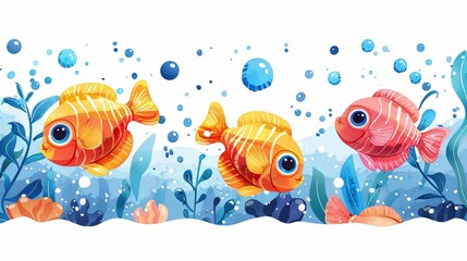 Wall Mural - An enchanting artistic depiction of three vibrant fish swimming and interacting amongst bubbles in an underwater scene, surrounded by colorful plants, capturing a playful and serene aquatic moment.