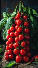 Wall Mural - Close-up of bunches of ripe tomatoes covered in water droplets, freshly picked and resting on a rustic wooden surface with green leaves in the background