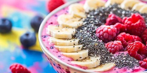 a vibrant smoothie bowl topped with fresh berries, chia seeds, and sliced bananas, set against a colorful background