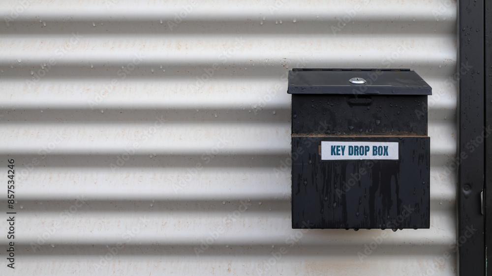 Key drop box and sign. Wet, exterior of modular, transportable ...
