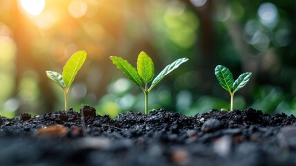 Wall Mural - Three young green plants sprouting from rich, dark soil under the warm morning sunlight, symbolizing growth and the beginning of new life in a lush environment