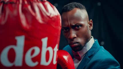 Wall Mural - A man in a suit is boxing with red bag that says Debt on it