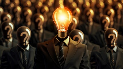 Wall Mural - A man with a light bulb on his head stands in front of a crowd of people