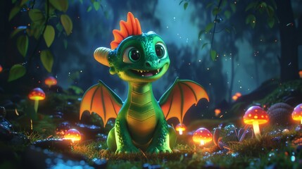 Wall Mural - Adorable Baby Dragon in a Magical Forest, Generative AI