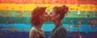 © aicandy - Two women share a romantic and passionate kiss in front of a beautifully artistic rainbow wall mural, symbolizing love, inclusivity, and LGBTQ+ pride