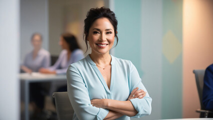 woman boss in the office wide smile arms crossed office background