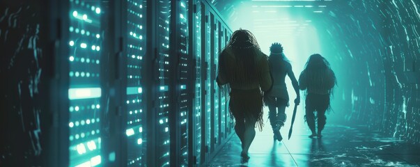 Wall Mural - Primitive tribe members exploring a modern server room, blending ancient culture with futuristic technology.