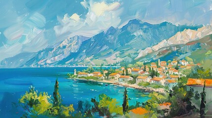 Wall Mural - Mediterranean Sea Town Oil Painting with Mountain Backdrop and Summer Vibes
