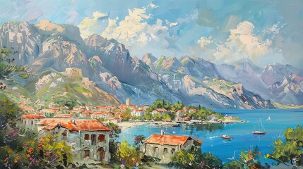 Wall Mural - Beautiful Summer Day Depicted in an Oil Painting of a Mediterranean Coastal Town
