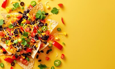 Poster - Bell pepper nachos with black beans and cheese on a light yellow background