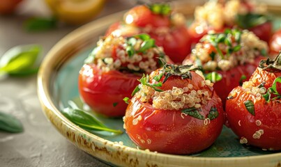 Wall Mural - Cherry tomatoes stuffed with quinoa and herbs on a pastel yellow plate