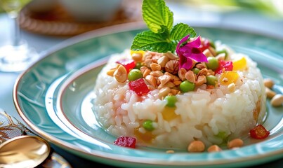 Poster - Chinese eight-treasure rice pudding on a pastel green plate