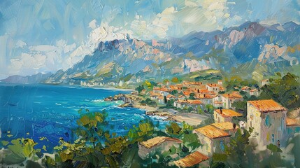 Wall Mural - Serene Oil Painting of a Mediterranean Town with Mountains and Summer Sunshine