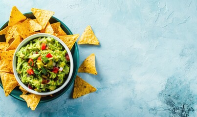 Wall Mural - Guacamole with tortilla chips on a light blue background