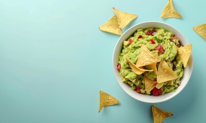 Poster - Guacamole with tortilla chips on a light blue background