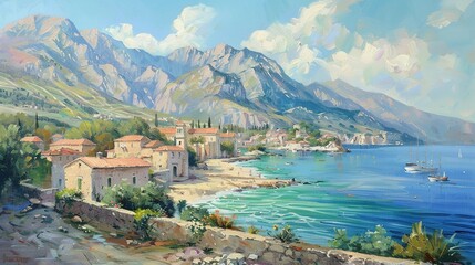 Wall Mural - Vibrant Oil Painting of a Mediterranean Town, Mountains, and Summer Weather