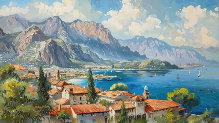 Wall Mural - Mediterranean Townscape: Oil Painting Featuring Mountains and Summer Sun