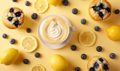 Wall Mural - Lemon and blueberry muffins with a cappuccino on a light yellow background
