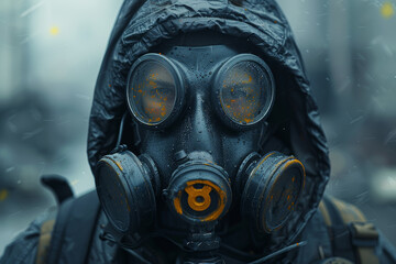 Wall Mural - A person wearing a gas mask in a toxic environment, emphasizing survival skills. Concept of pollution and protection. Generative Ai.