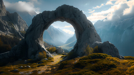 Stunning landscape with a natural stone arch and towering mountains, bathed in sunlight. Concept of nature's beauty, adventure, and geological formations.

