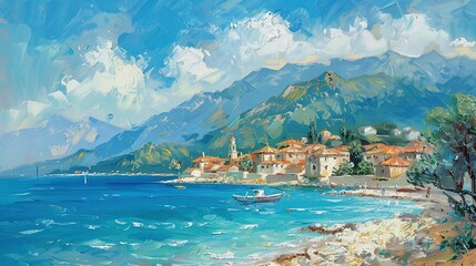 Wall Mural - Idyllic Mediterranean Town and Mountain Landscape in a Summer Oil Painting