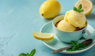 Wall Mural - Lemon and mint sorbet with a cup of coffee on a light blue background