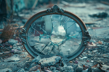 Wall Mural - a shattered mirror in an abandoned home, reflecting fragmented memories. concept of loss and self-re