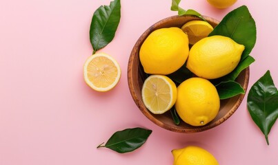 Wall Mural - Lemons in a wooden bowl with lemon leaves on a light pink background